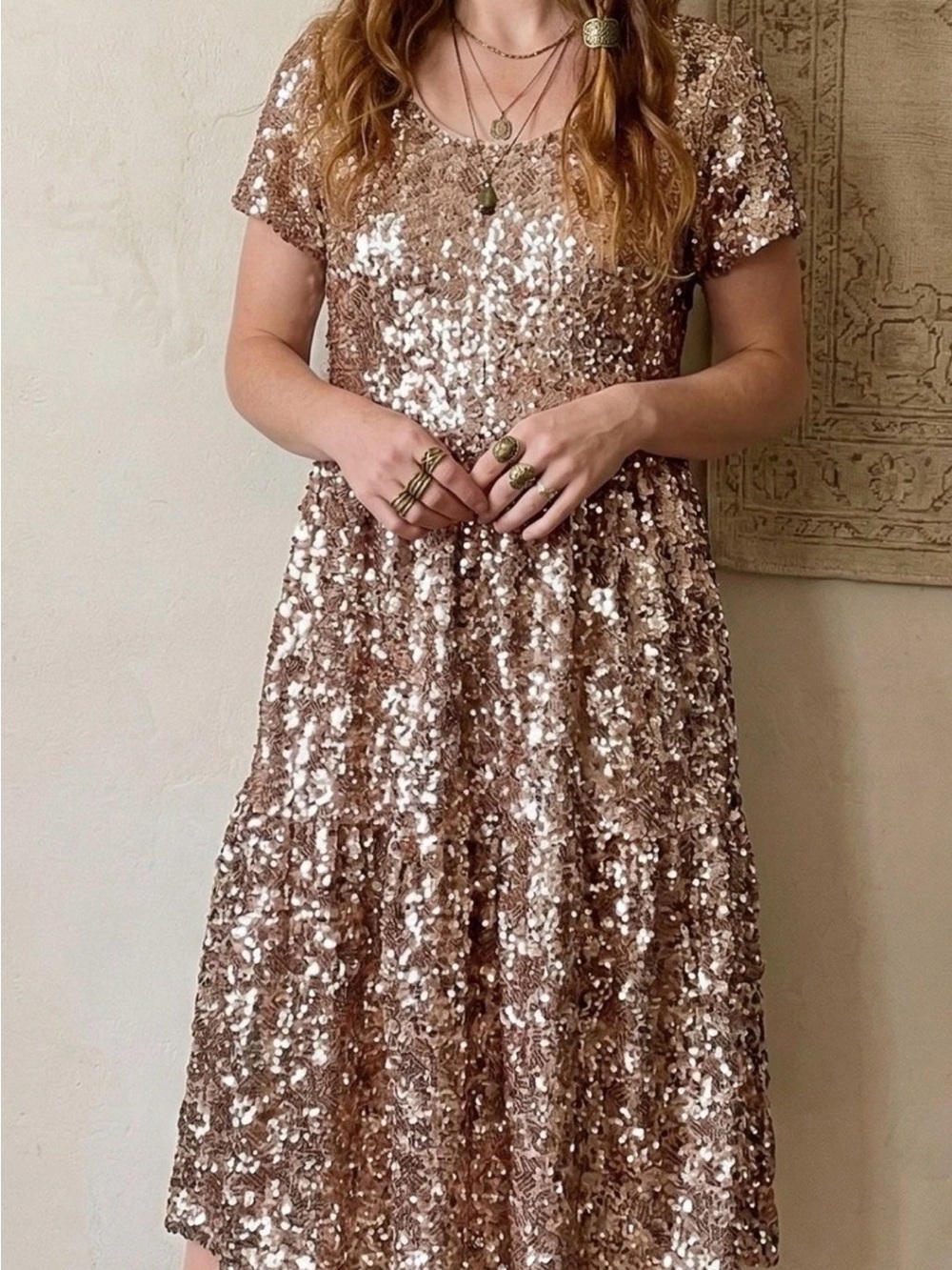 Anthropologie Maeve Rose Gold Sequin Midi Dress